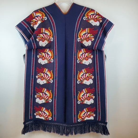 Cuauhtemoc Aztec Poncho Shrug Fringe OSFM Woven Knit Acrylic Tie Front Beautiful - Picture 6 of 11